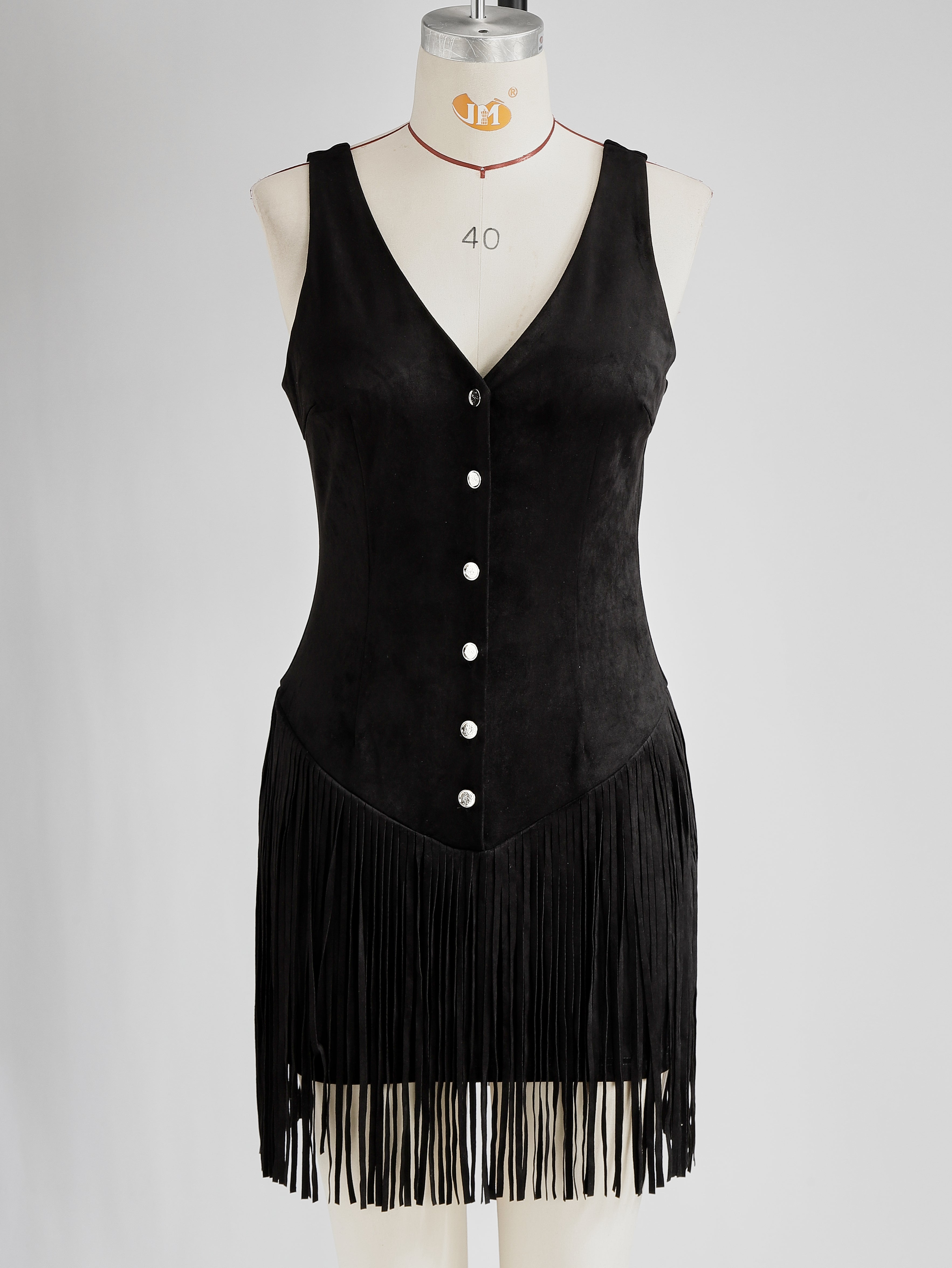 Vestido Mini Ante Sintético Negro con Flecos Western