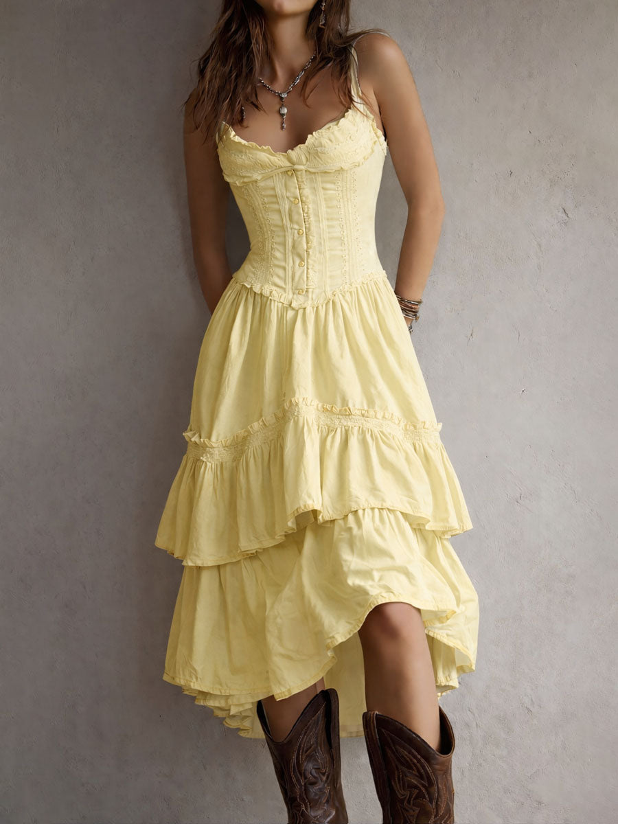 Renata · Vestido Midi Corsé con Volantes y Encaje