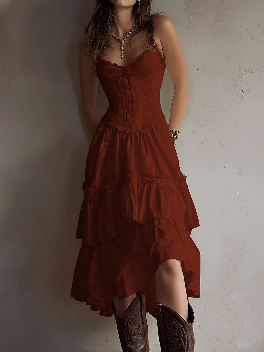 Renata · Vestido Midi Corsé con Volantes y Encaje