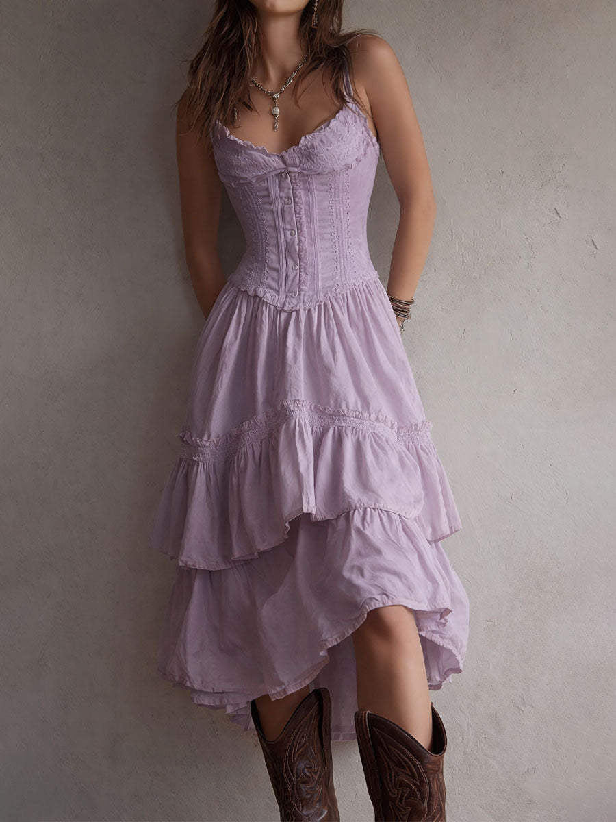 Renata · Vestido Midi Corsé con Volantes y Encaje
