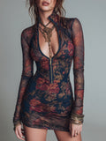 Celeste · Vestido Mini de Malla Floral con Cremallera Frontal