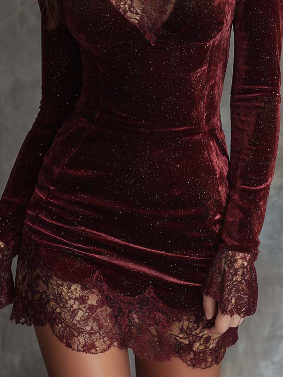 Bri|Vestido mini de terciopelo rojo con encaje