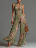Mono Chiffon Verde Floral con Escote Halter y Pernera Ancha