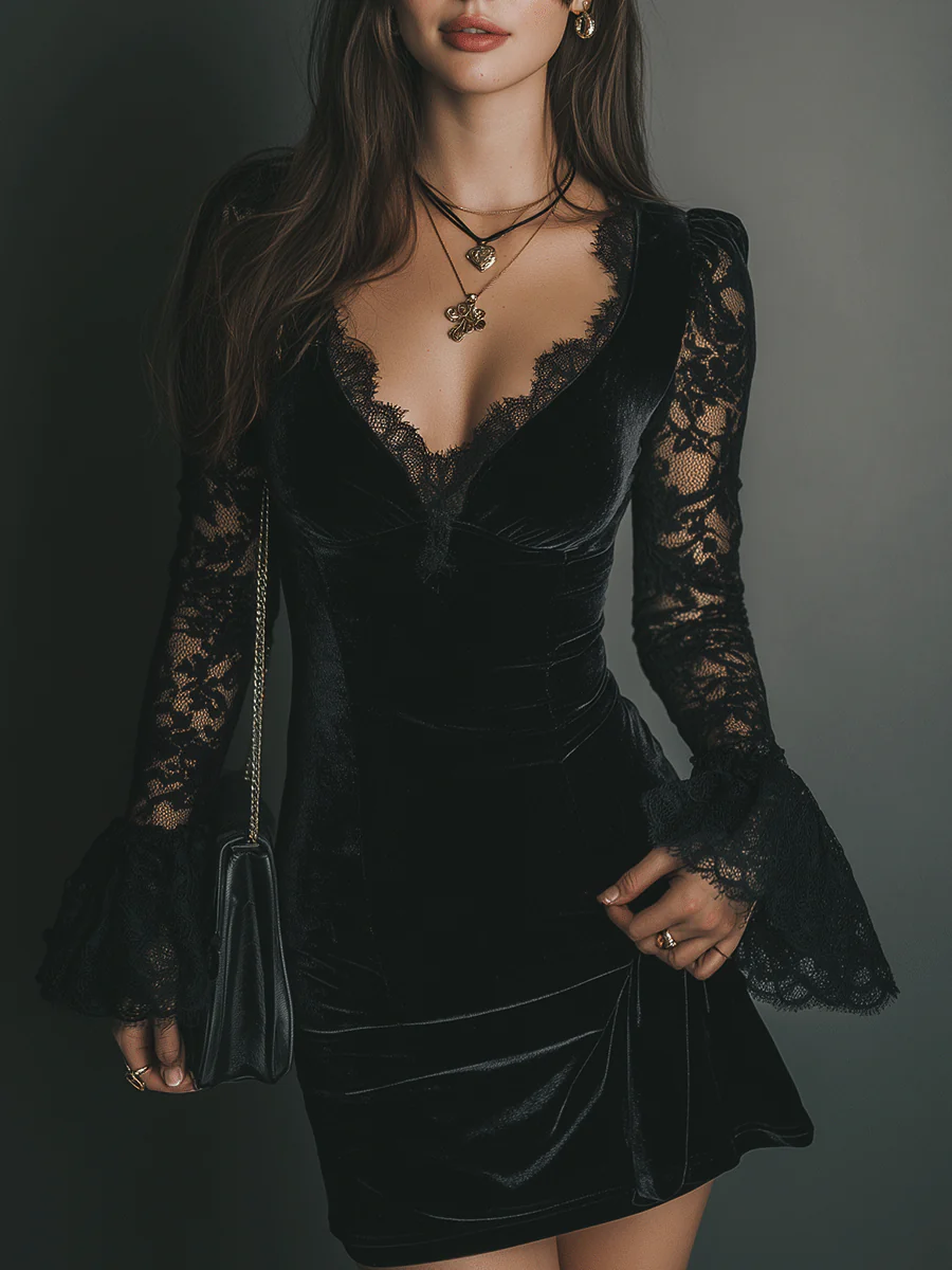 Lunori | Vestido mini Luna de terciopelo y encaje
