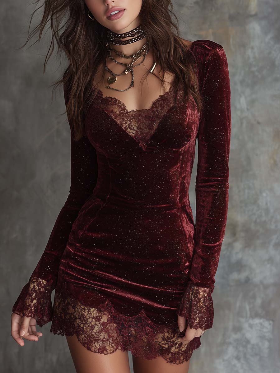 Bri|Vestido mini de terciopelo rojo con encaje